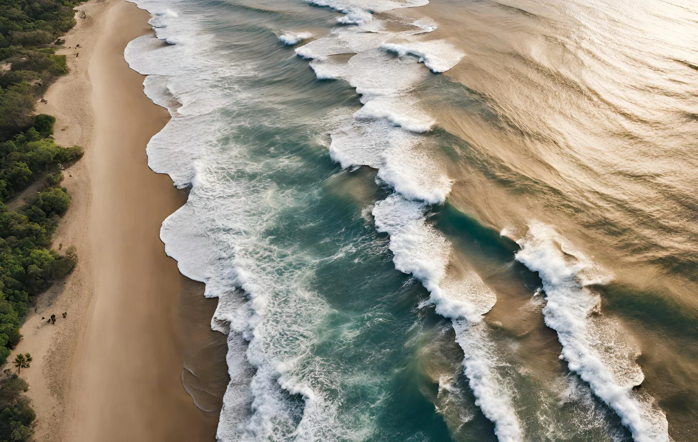 An aerial picture of clear water waves striking the shore depicting sustainable practices and COSPEC' Coworking's pledge to conserve environment.