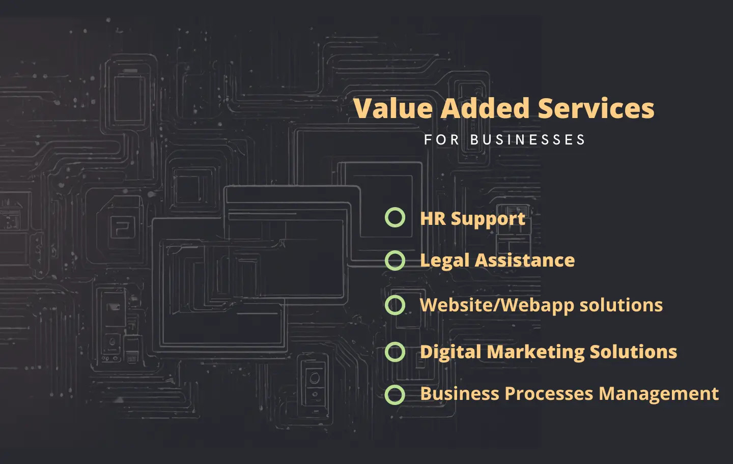 Value Added services for businesses and new start-ups in Pakistan looking for solutions including HR, Website Design, e-commerce Shopify and woocommerce stores, Web app design. Mobile app design, Digital Marketing, FBR Registeration. Legal Documentation and Business process management at the lowest rates in Lahore.
