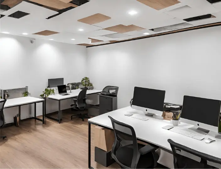 Shared Coworking Space at COSPEC with an industrial theme featuring wooden elements for ergonomic spaces.